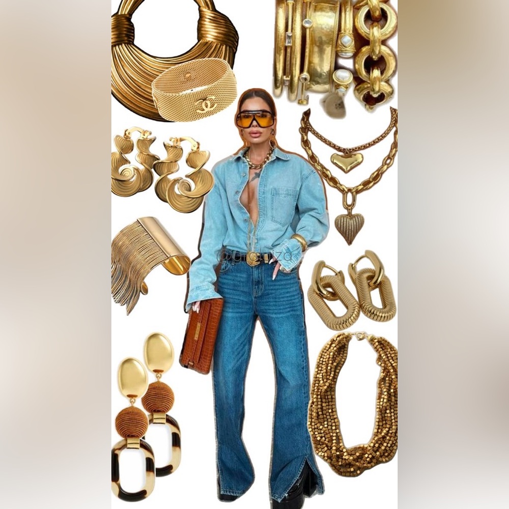 Stylish Denim Shirt with Gold Accessories
